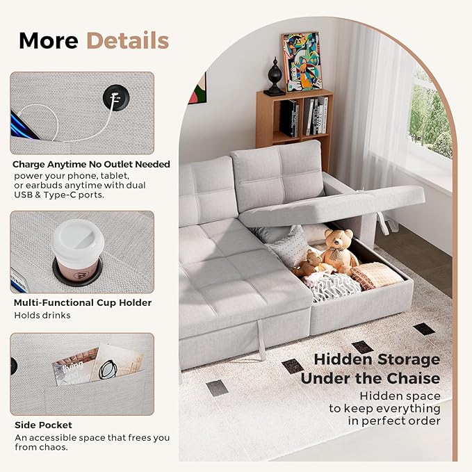 85 inch Large Sleeper Sofa Bed with StorageL Shaped Sectional Couch Bed2 in 1 Pull Out Couches with Convertible ChaiseUSB ChargingCup Holders and Side Pockets Gray