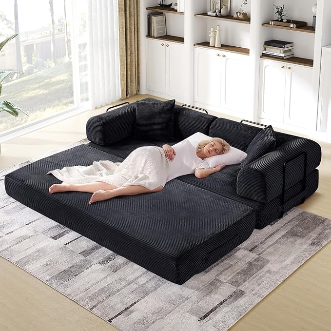 Convertible Folding Sofa Bed Corduroy Sleeper Mattress Couch with Fixed-Shape Frame Free Combination Loveseat Lounge Floor Sofa Queen Size Memory Foam Couch for Living Room Bedroom Black