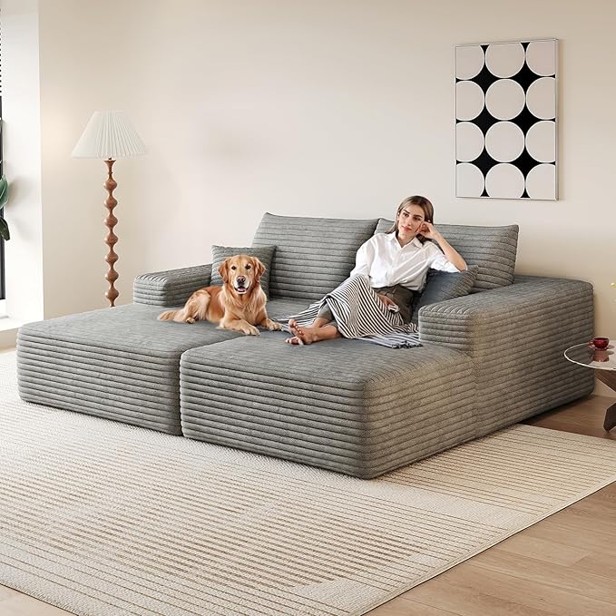 80.3''Oversized Double Lounge Chaise Sofa Bed Boneless Cloud Couch Deep Seat No Assembly Required Modern Corduroy Sleeper Loveseat Chair for Living Room Bedroom Reading(Grey)