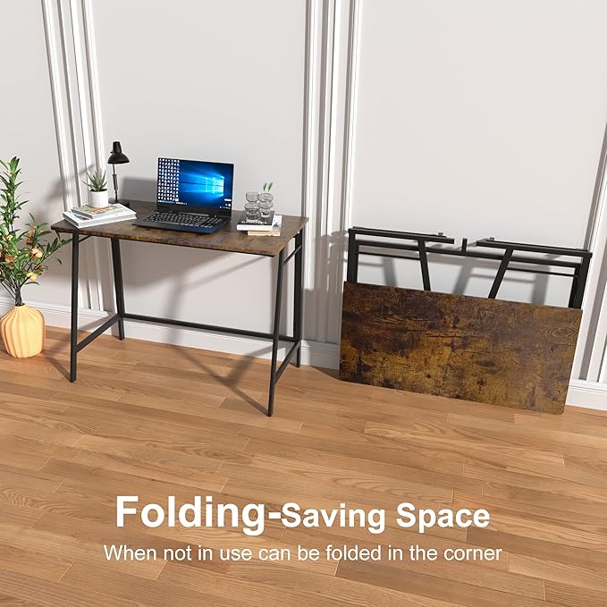 ASTARTH Folding Desk-40 Inch Writing Computer Desk Space Saving Foldable Table Modern Simple Style PC Table Black Metal Frame-Home Office Desk No Assembly Required Rustic Brown