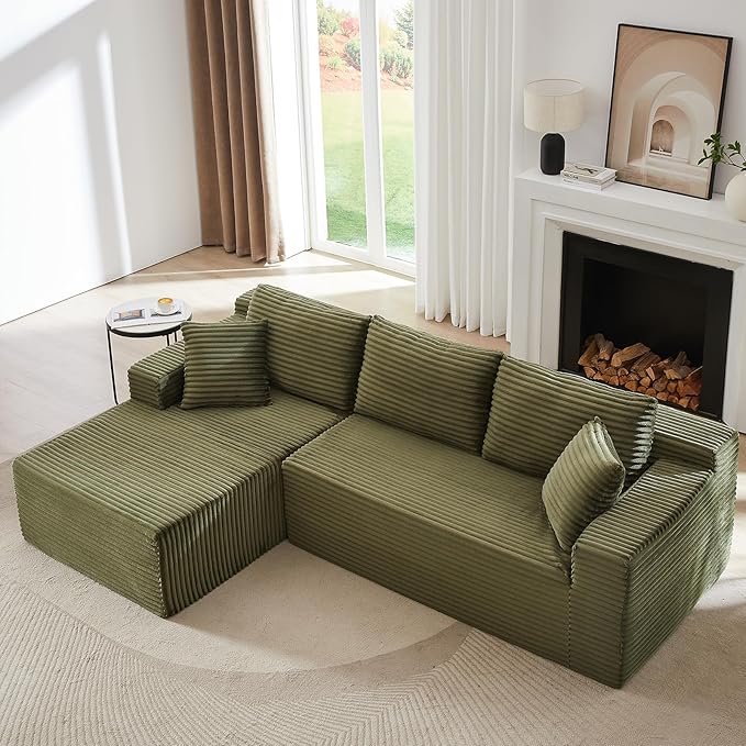 103 L-Shape Cloud Couch with Chaise Upholstered Corduroy Modular Sectional Sofa Deep Seat Couch with Free Combination for Living Room &amp ApartmentNo Assembly Required(GreenLeft Facing Chaise)