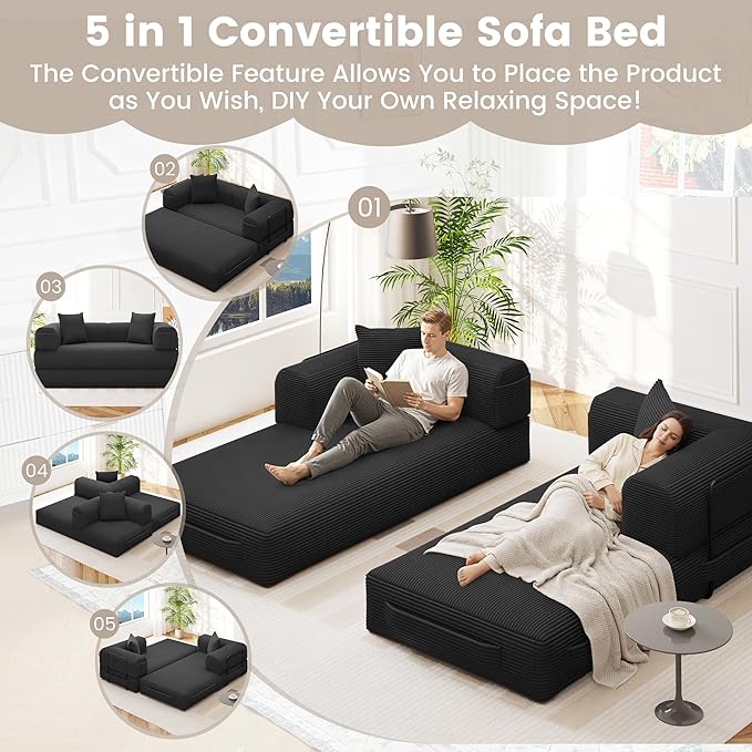 80 Convertible Sofa Bed 5 in 1 Modular Boneless Couch Sleeper Sofa Bed with Fixed Frame &amp Removable Backrest Pillow Washable Corduroy Futon Sofa Bed Couch in a Box for Small Spaces Dark Black