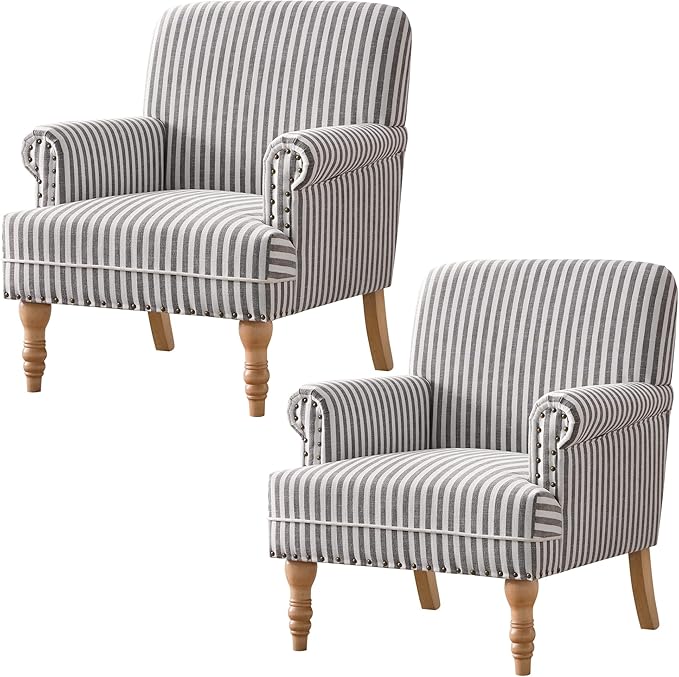 HUIMO Linen Fabric Accent Chair Mid-Century Modern Upholstered Armchair with Solid Wood Legs Comfy Reading Club Chair for Living Room Bedroom (2 Dark Grey and White Stripe)
