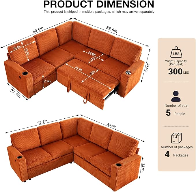 83 Sleeper Couch with Pull Out Sofa Bed 5-Seater Sectional Couches for Living Room L-Shaped Couch with Storage USB Port &amp Cup Holder Corduroy Convertible Corner Sofa for Apartment