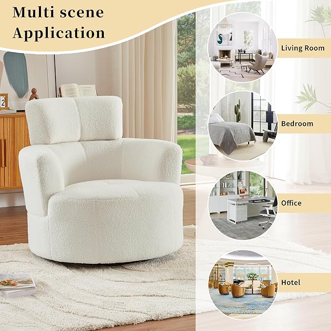 Swivel Accent ChairBedroom Barrel Chairs with Seat CushionModern 360° Soft Berber Fleece Fabric Circle Chair with Adjustable Headrest for Living Room(Cream)