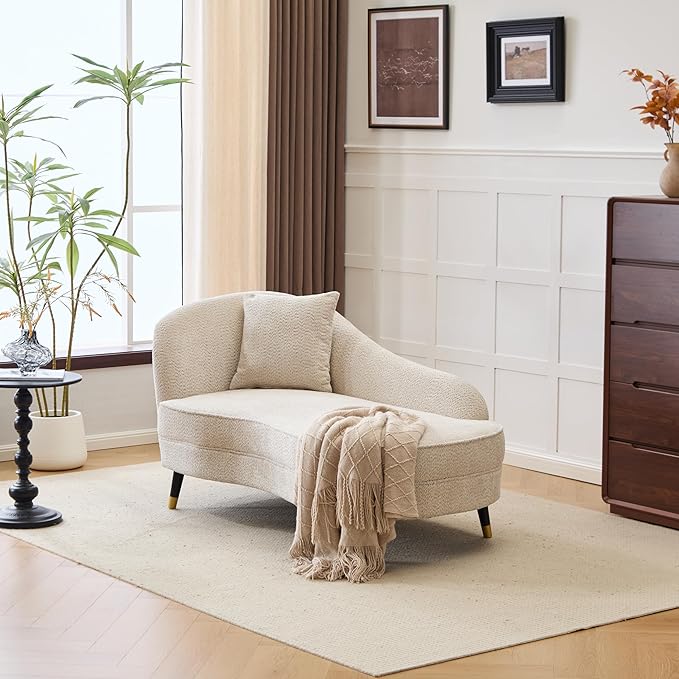 Christopher Knight Home Harlow Velvet Upholstered Chaise Lounge Chair Indoor Wooden Chaise Lounge Sofa with Accent Pillow Living Room Lounge Chair with Left Armrest Beige