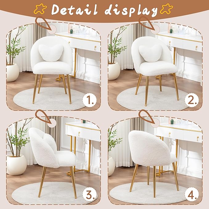 Vanity ChairAccent Makeup Comfy Cute Desk Girls Fluffy Chairs for Bedroom No Wheels Gold Metal Legs Stool (Teddy Beige)