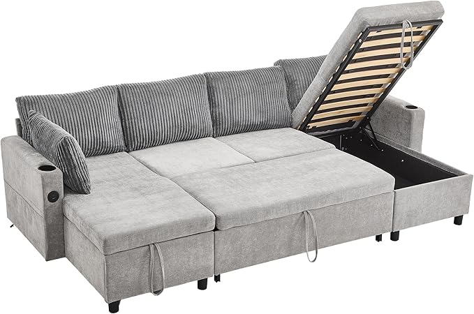 111.8 Sectional Sofa Pull-Out Sofa Bed with Double Storage Chaise Lounge Versatile Sofa Sleeper Couch with Cup Holders and USB Ports for Living Room Appartment Office (Grey-CF)