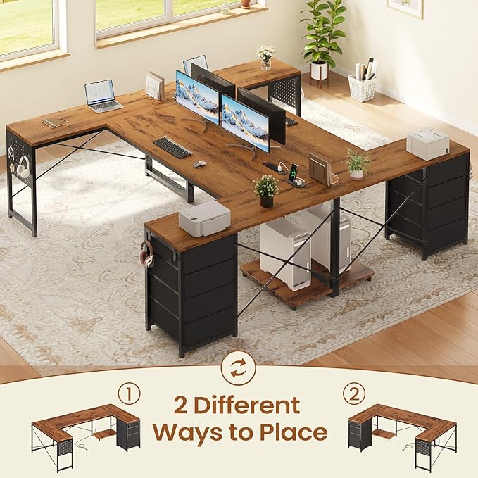 SEDETA 67 U Shaped Desk with 4 Fabric Drawers Reversible Corner Computer Desk with Power Outlet &amp CPU Shelf L Shaped Office Desk with Pegboard for Home Office Rustic Brown