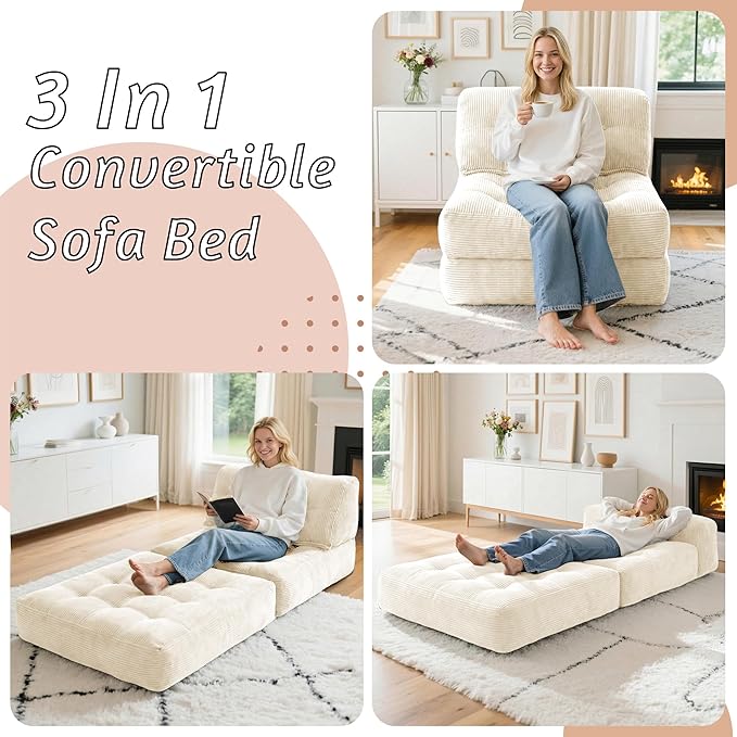 HABUTWAY Folding Sofa Bed Convertible Sleeper Chair Bed with Pillow &amp Handle Foldable Mattress with Back Support Portable Single Couch Comfy Floor Sofa Lounge for Living Room Bedroom(Beige)