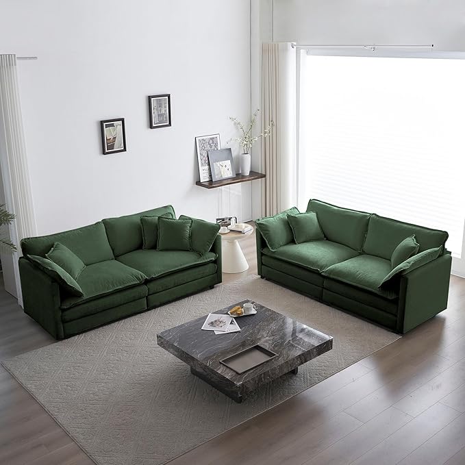 GNIXUU Upholstered Living Room Furniture Sets Inclued 2 Pieces loveseat Sofa Modern Chenille Deep Seat Couch Set for Living Room and Bedroom(2+2 seat Green)