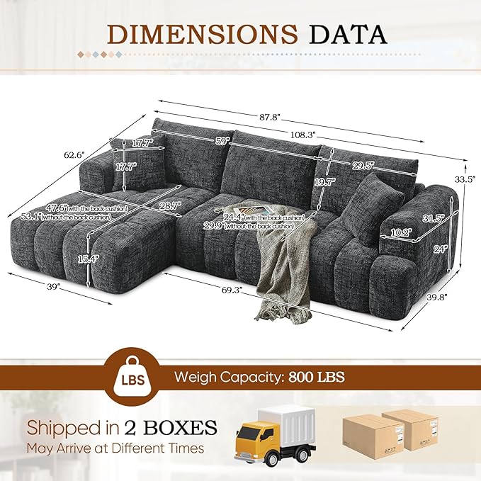 108 W Modular Sectionals SofaCloud Boneless Couch with ChaiseChenille Tufted Deep Seat L Shaped CouchModern Compression Foam Sofa for Living Room BedroomNo Assembly Required(Left FacingGrey)
