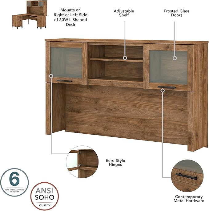 Bush Home Somerset 60W L Shaped Desk with Hutch in Fresh Walnut