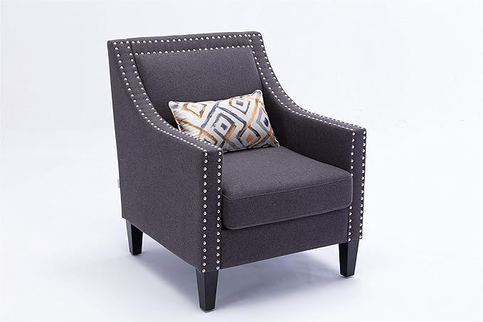 Accent Armchair Living Room Chair with Nailheads and Solid Wood Legs Charcoal Linen