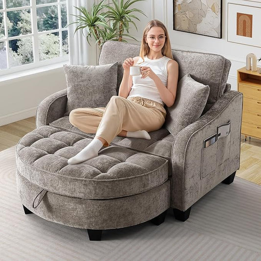 Oversized Chair and A Half Chenille Tufting Accent Cozy Reading Sofa Chair with Storage Ottoman Upholstered Loveseat Chaise Lounge Sofa with Adjustable Back for Living Room Office Sunroom Brown