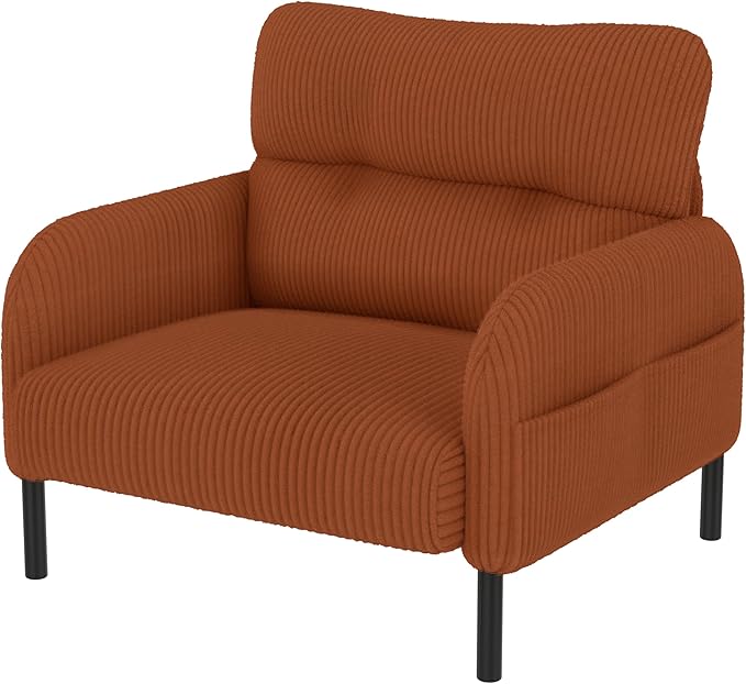 Orange Accent Chair - Corduroy Living Room Chairs with Side Storage Pockets and Durable Legs Comfy Arm Reading Chair with Soft Backrest for Bedroom Balcony Study Room