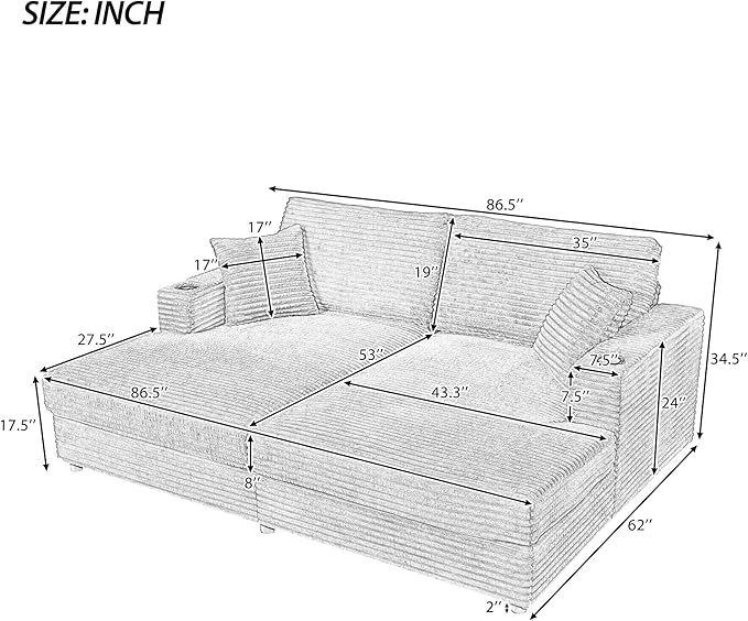 86.5 Oversized Double Chaise Lounge Indoor Corduroy Upholstered Sofa Bed  Deep Seat Lounger Loveseat Recliner Daybed with Dual USB Ports  Two Cup Holders and Throw Pillows for Living Room Bedroom