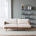 72 Square Arm 3-Seater Sofa with Cane Rattan &amp Rubber Wooden Frame Tapered Legs High-Resilience Sponge Beige Cushions Vintage Modern Couch for Living Room Bedroom Apartment Office Walnut