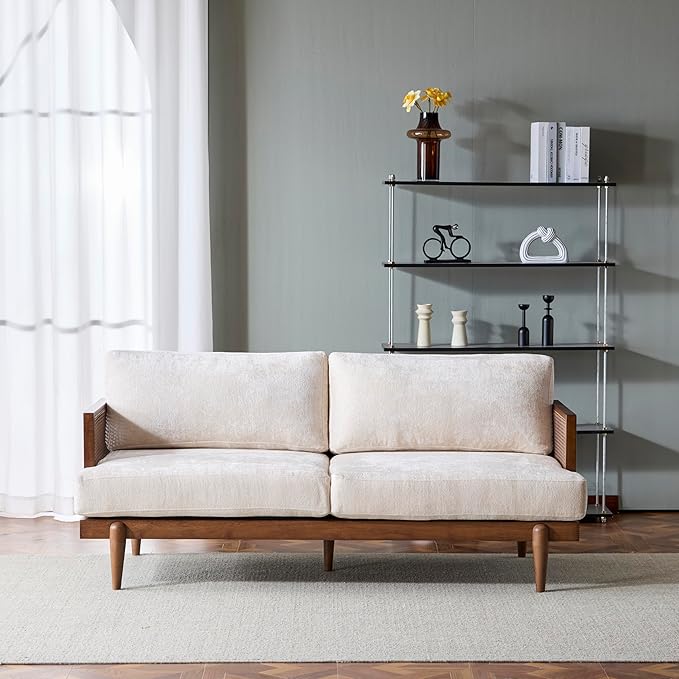 72 Square Arm 3-Seater Sofa with Cane Rattan &amp Rubber Wooden Frame Tapered Legs High-Resilience Sponge Beige Cushions Vintage Modern Couch for Living Room Bedroom Apartment Office Walnut