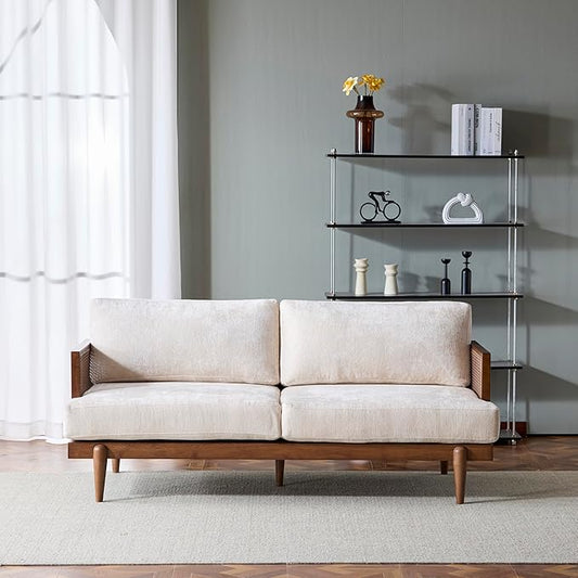 72 Square Arm 3-Seater Sofa with Cane Rattan &amp Rubber Wooden Frame Tapered Legs High-Resilience Sponge Beige Cushions Vintage Modern Couch for Living Room Bedroom Apartment Office Walnut