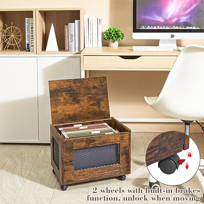 Rolling File Cabinet Cart Hanging File Organizer Box with Lid for Home Office Small Filing Cabinet on Wheels Under Desk