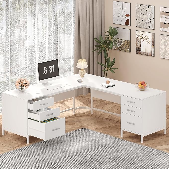 TVU 59’’ L Shaped Desk with 6 Wooden Drawers Large Home Office Corner Computer Desk with Storage File Cabinet Modern Metal Wood Desk for Executive Writing Study Workstation White