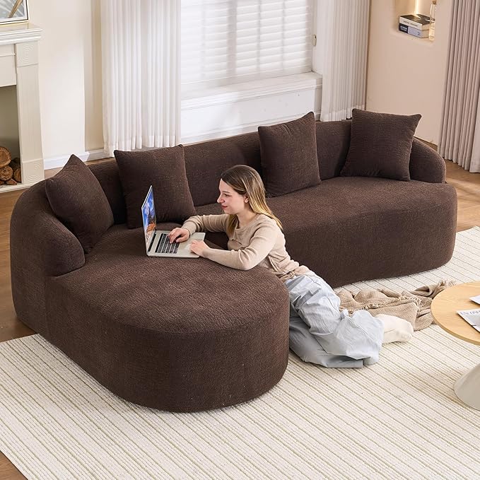 98.8 Curved Sectional Sofa with ChaiseL-Shape Sofa Lounge ChaiseBoneless Couch L Shape for Living RoomWood Grain Chenille FabricNo Installation Requirement