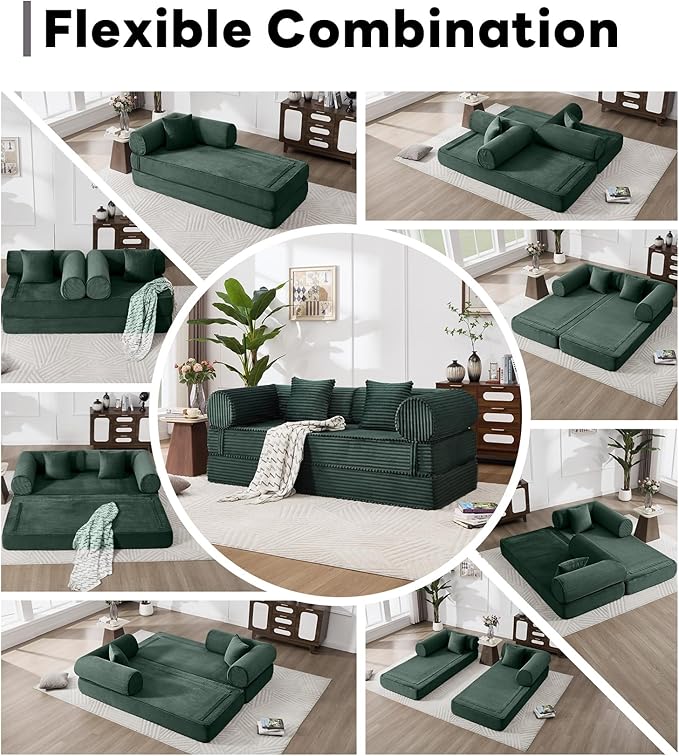 Tbfit 79'' Convertible Sofa Bed Oversized Corduroy Folding Boneless Couch Futon Mattress Sleeper Sofa Comfy Foldable Upholstered Floor Couches for Living Room Dark Green