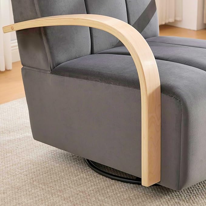 KEIKI Velvet Upholstered Swivel Accent Chair 30.3 W Single Sofa Armchair with Solid Wood Armrests and Tufted Back Stylish Sofa Chair for Living Room and Office Charcoal