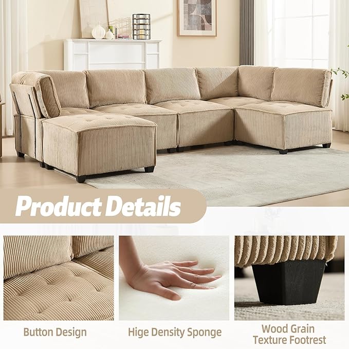 121 Inch Cloud Oversized Modular Sectional Sofa U Shaped Modular Couch with Reversible Chaise Comfy 6 Seat Convertible Sectional Sofa with Ottoman for Living Room Khaki
