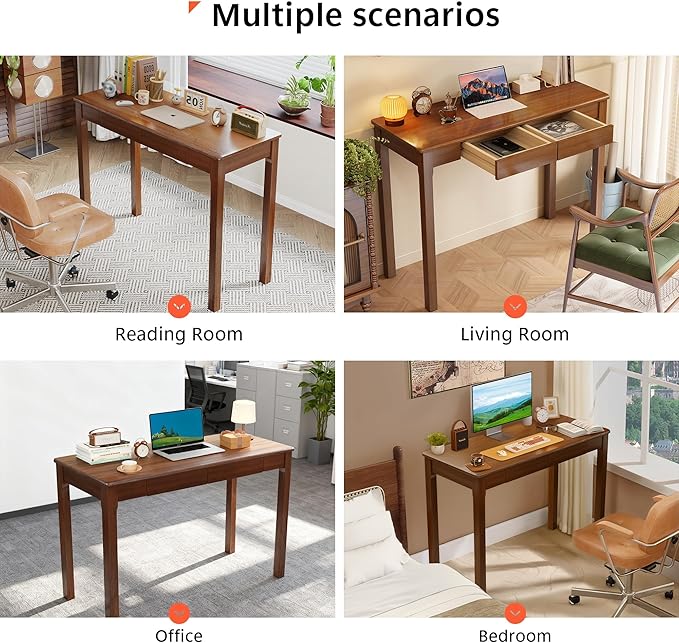 Solid Wood Desk with Drawers - 39 Narrow Desks for Small Spaces Mid Century Modern Desks Small Wooden Vintage Computer Writing Desk Study Table for Home Office Bedroom Walnut