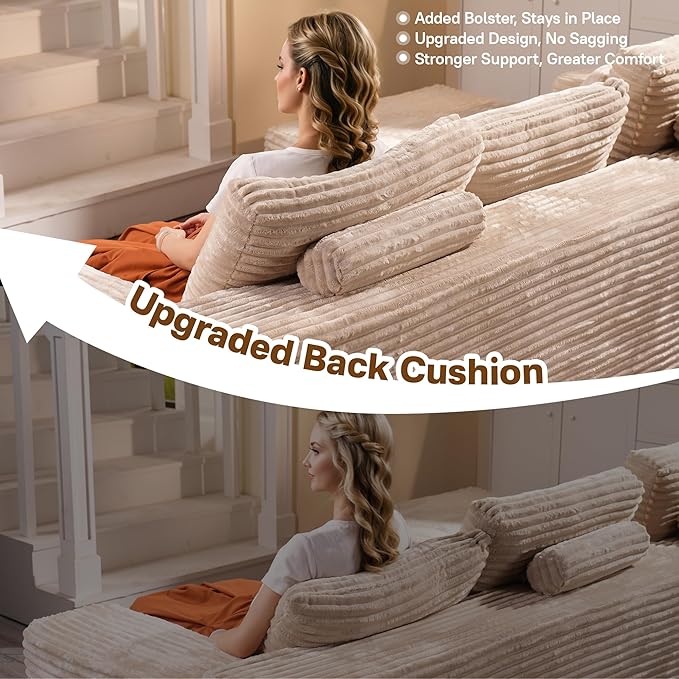106 Cloud Sectional Couch with Comfy Chaise and OttomanPlush Corduroy Boneless Couches for Living RoomU Shaped Sofa in A Box No Assembly RequireBeige