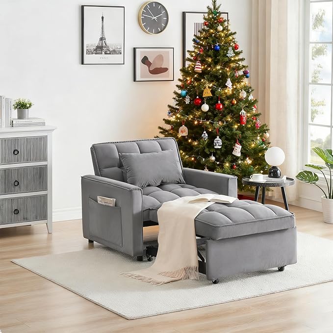 3 in 1 Convertible Sleeper Chair Modern Pull Out Couch Bed Single Recliner with Adjustable Back Velvet Futon Folding Sofa Bed Chair for Living Room Bedroom Small Spaces (Gray-1)