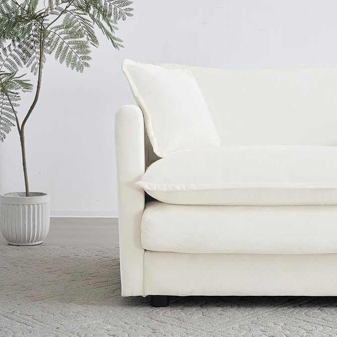 111.5 Sectional Sofa Couch for Living Room Modern Upholstered Sofa 3 Seater Couch with Pillows Deep Seat Sofa Furniture for Apartment Office Chenille Fabric Cream White