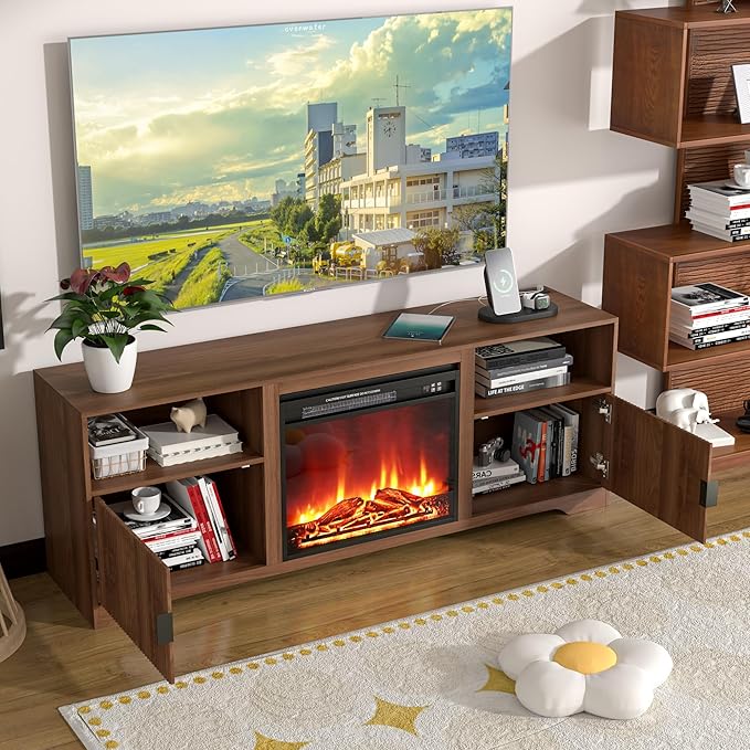 Fireplace TV Stand for Television up to 80 InchEntertainment Center with Adjustable ShelfMid-Century Modern Fluted TV Stand with 23 Electric FireplaceMedia Console for Living RoomBedroom