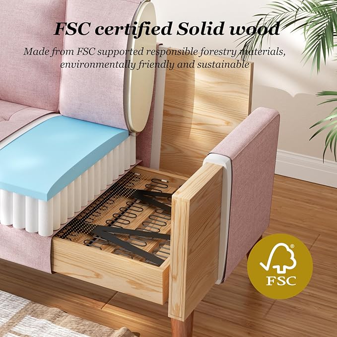 Vesgantti Loveseat Sofa with Solid Wood Legs 48 Small Couches for Small Spaces Love Seat for Living Room Bedroom Easy Assembly Mid Century Modern Couch with Throw Pillow for Apartment Pink