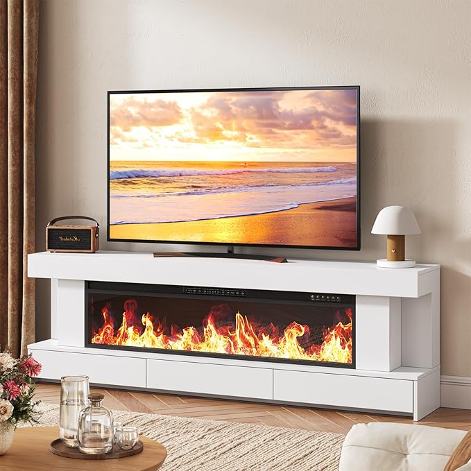 66.2 Fireplace TV Stand with 47 Electric Fireplace Heated Entertainment Center with Fireplace &amp 3 Drawers Modern Wood TV Console with 12 Electronic Flame Colors for Living Room White