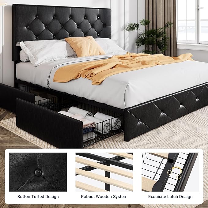 Allewie Upholstered Queen Size Platform Bed Frame with 4 Storage Drawers and Headboard Diamond Stitched Button Tufted Mattress Foundation with Wooden Slats Support No Box Spring Needed Black