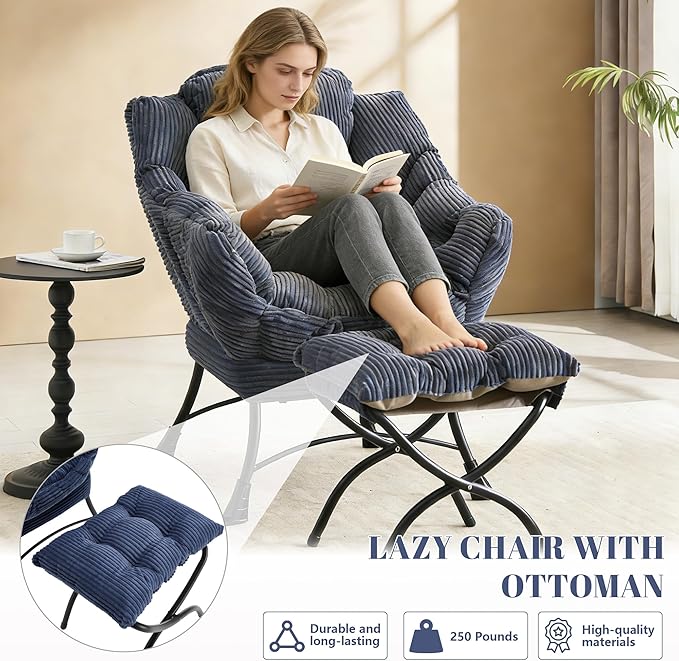Bellemave Lazy Chair with Ottoman Lounge Accent Chair with Armrests and Side Pocket Leisure Upholstered Sofa Chairs with Footrest for Small Space Reading Chairs for Living Room Bedroom (Navy Blue)