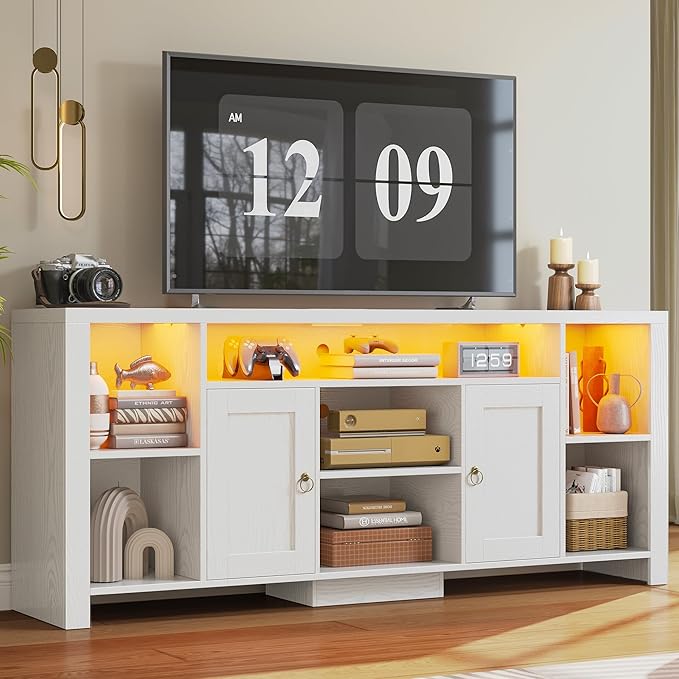 LIKIMIO TV Stand for TVs 80 inch with LED Lights &amp Power Outlet Entertainment Center with Cabinets Adjustable Shelves and Open Shelves Modern Media TV Console Living Room White