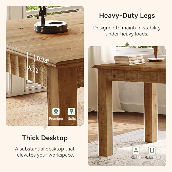 63-Inch Computer Desk Solid Wood Home Office Desk with Sturdy Wooden Legs Rustic Large Computer Office Table for Writing Reading Study Brown
