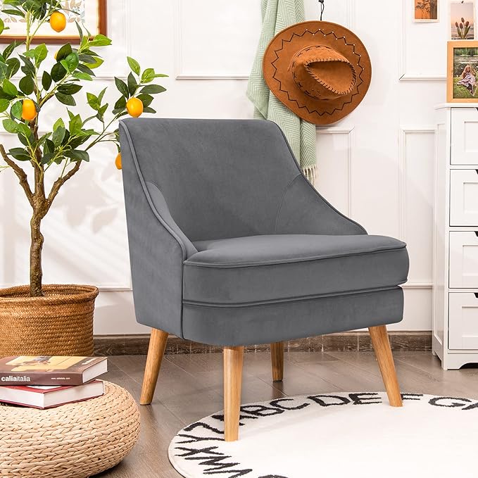 Giantex Velvet Accent Chair Mid Century Single Sofa Chair w/Rubber Wood Legs Comfy Slipper Chair Upholstered Armless Leisure Side Chair for Living Room Bedroom Meeting Room Grey