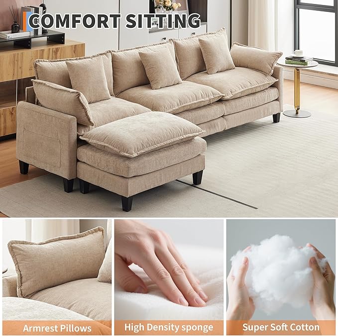 112 Modular Sectional Sofa L-Shape Cloud Couch/Deep Seat/Armrest/Plush Corduroy Fabric No Assembly Required Space-Saving 170 Pounds Chenille Combo Set with 1 Footstool for Living Room