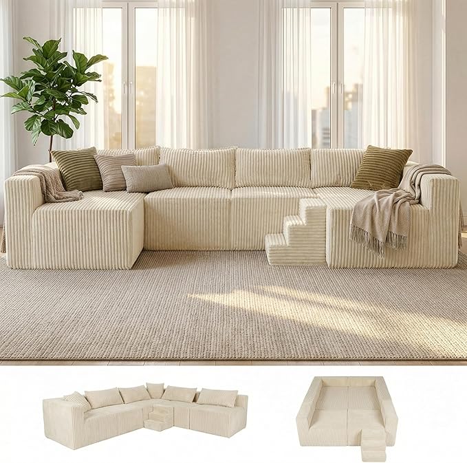 128 U-Shaped Modular Sofa Modern Cloud Couch with Double Chaise Sectional Boneless Couch with Pillows Deep Seat Sofa for Living Room Bedroom No Assembly Required Khaki