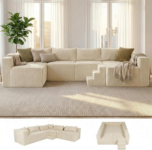 128 U-Shaped Modular Sofa Modern Cloud Couch with Double Chaise Sectional Boneless Couch with Pillows Deep Seat Sofa for Living Room Bedroom No Assembly Required Khaki