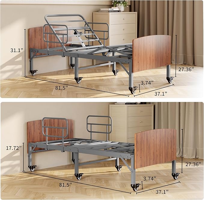 ESHINE Adjustable Bed Frame with Hospital Waterproof Mattress - Wireless Remote Underbed Light Headboard 2.5 Wheels Head &amp Foot Incline Mobility Support Easy Installation 750 lbs Capacity