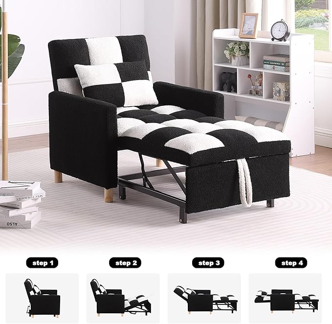 Sleeper Chair Bed Multi-Functional Convertible Chair Sleeper Teddy Fabric Adjustable Pull Out Sofa Bed with Lumbar for StudioDorm Apartment BedroomOfficeLiving Room (Black-White)