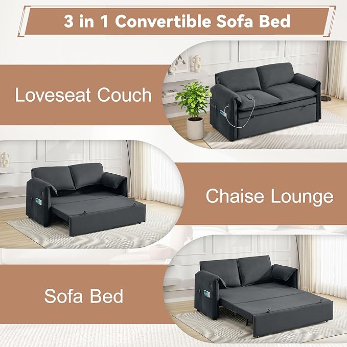 63 Velvet 3 in 1 Convertible Sleeper Sofa Bed Pull Out Couch Bed Loveseat with Adjustable Backrest Chaise Lounge USB Port &amp Side Pocket Modern Sofa for Living Room Small Spaces Dark Gray