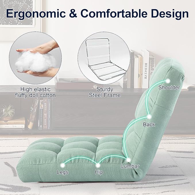 Folding Floor Chair with Back Support Adjust Lay Flat Recliner Oversized Lounge Wide Lazy Boy Gaming Ergonomic Single Sofa Seat for Living Room Bedroom(Green)