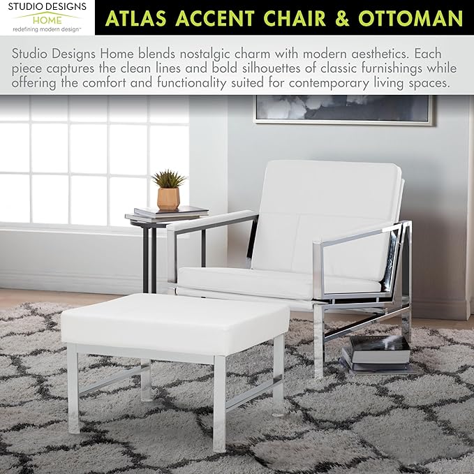 Atlas Bonded Leather Accent Chair with Ottoman Set Mid-Century Modern Lounge Chair &amp Footrest with Chrome Legs for Living Room or Office Guest Seating Chrome/White